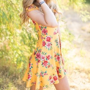 Yellow floral wrap around dress